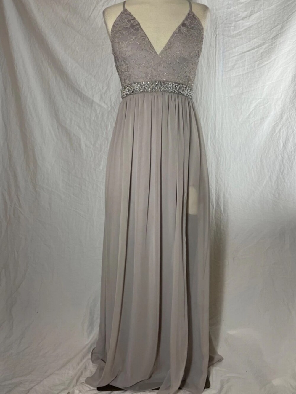 V Neck Full Length Grey Gown